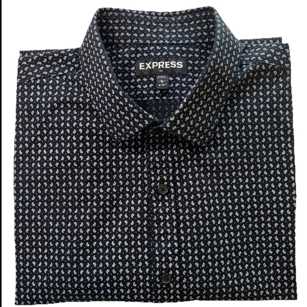 Express Men's Large Navy White Button Up Short Sleeve Shirt Front Pocket